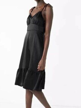 Nine West Black Ruffled Empire Waist Strapy Satin Midi Dress Y2K Whimsigoth Sz M